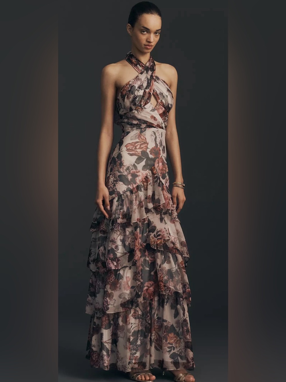 Dress The Population Maya Ruffle Halter Maxi Dress Medium Floral